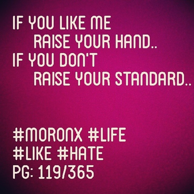 If you like me  raise your hand..
If you don't  raise your standard.. #moronX #life
#like #hate
pg: 119/365